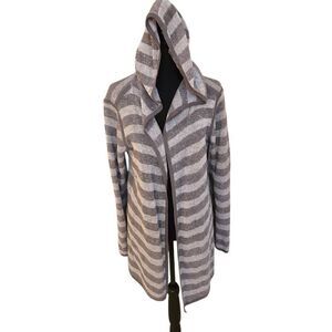 Eileen Fisher Womens Gray Striped Long Sleeve Hooded Open Front Sweater Size Med